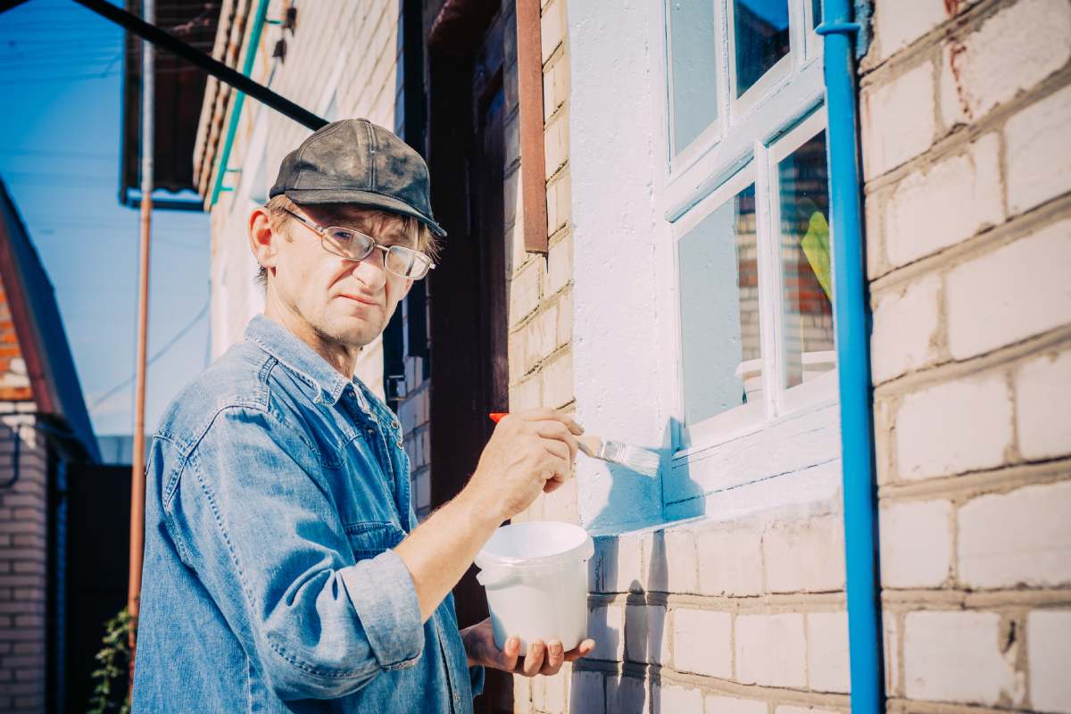 Caucasian Mature Man In Glasses And Cap Painting The Window Frame Outside Of The Private Brick House In Sunny Day.